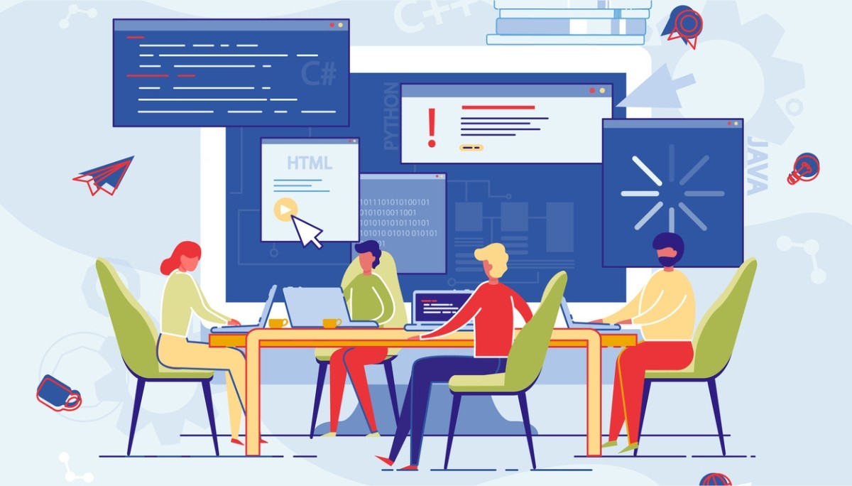 Illustration of four people collaborating at a table with laptops, surrounded by floating code windows, programming language labels like C#, Python, Java, and HTML, plus icons such as gears, binary code, and a loading symbol.