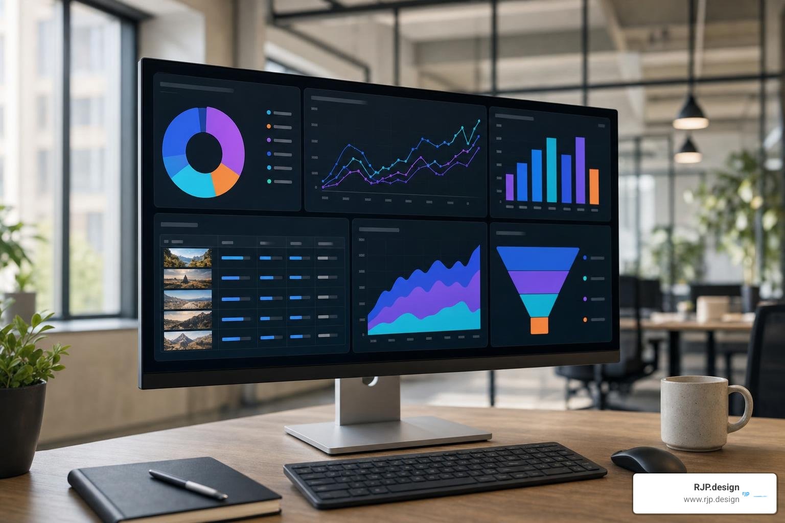 Analytics dashboard tracking content ROI, search traffic, and conversion attribution