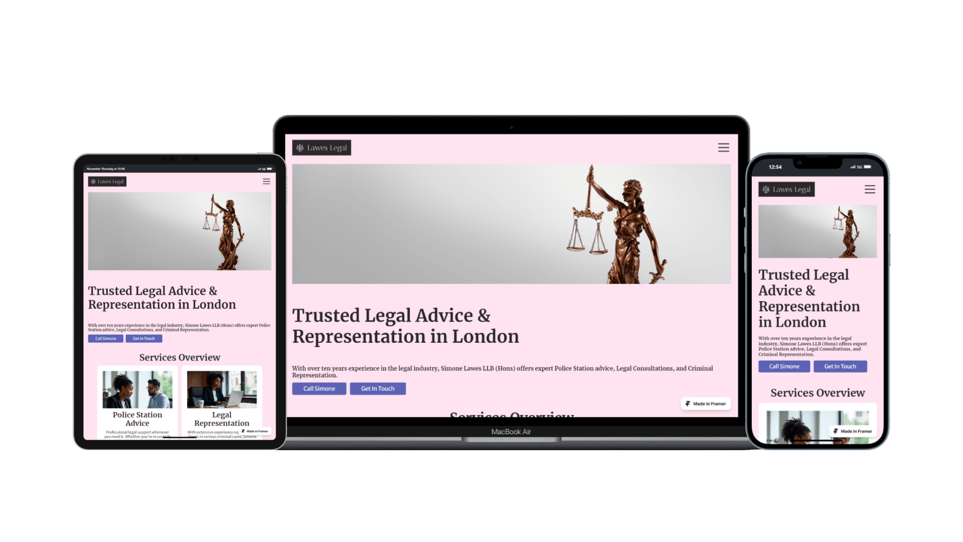 Picture of the home page of Lawes Legal, showing different responsive displays