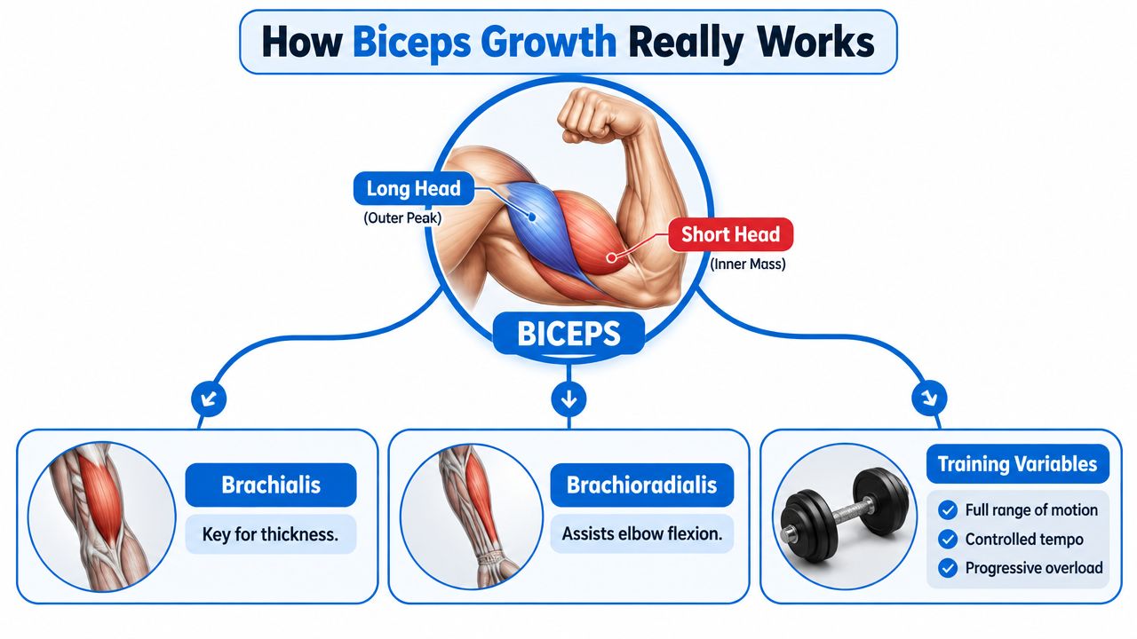 An infographic illustrating the anatomy of the biceps and key training variables for muscle growth.