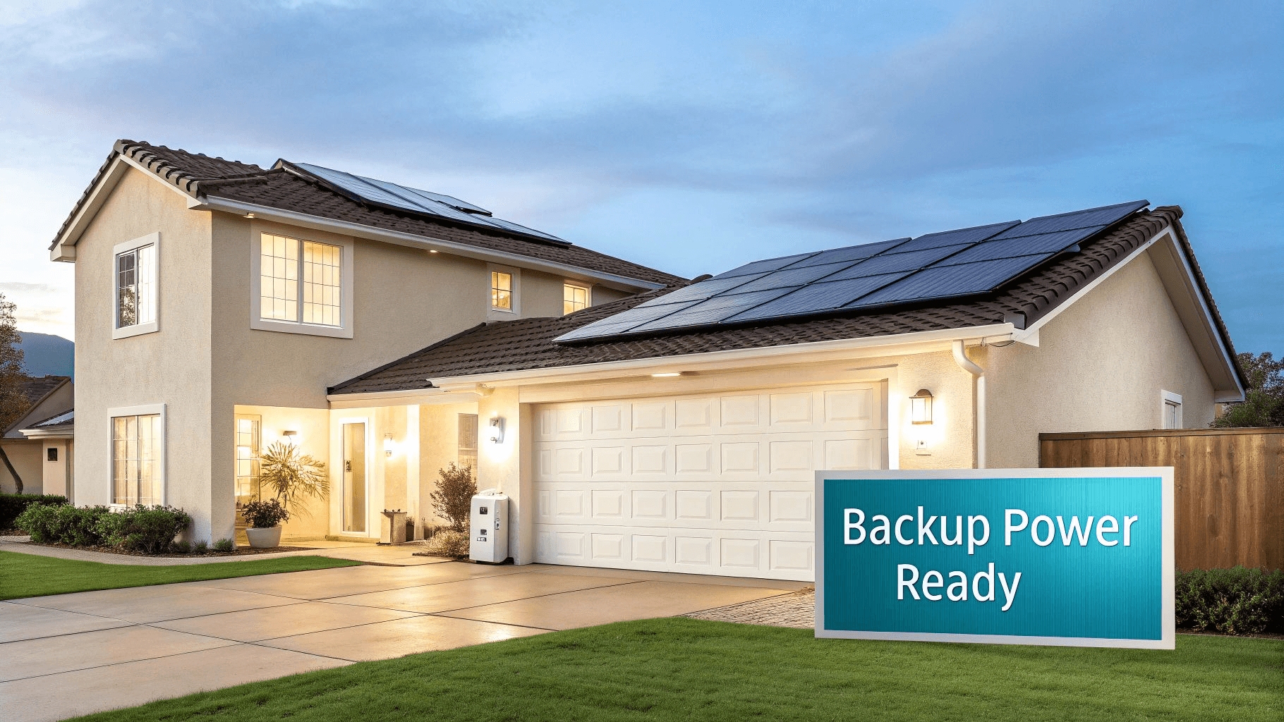 a home with the text "backup power ready" on a blue banner in the front yard