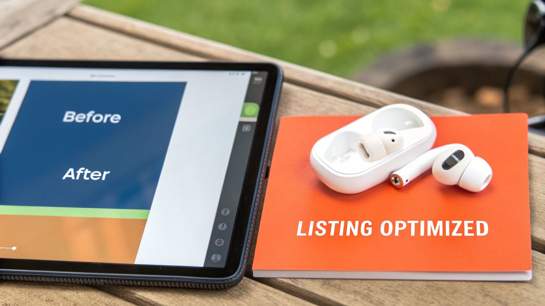 Digital marketing tools: tablet with 'Before/After' view and AirPods on a 'Listing Optimized' notebook.