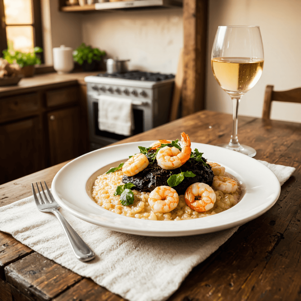 product photography of a plate of seafood risotto with shrimp and greens