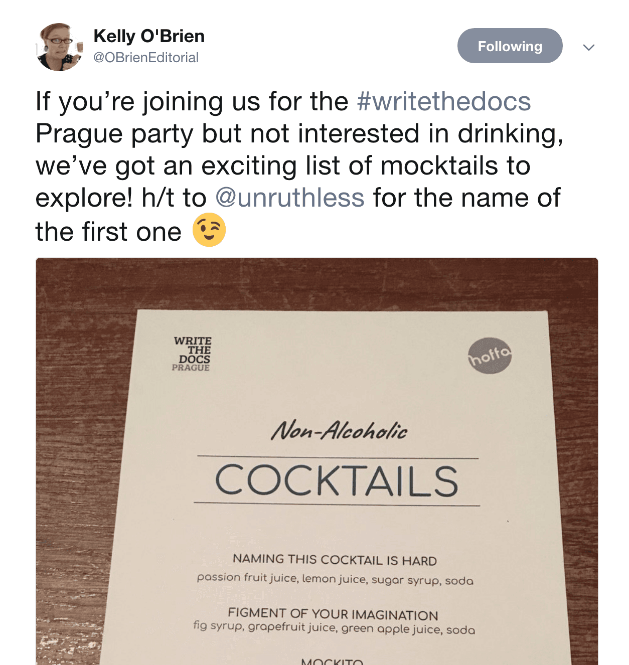 Tweet about mocktail menu from Kelly O'Brien