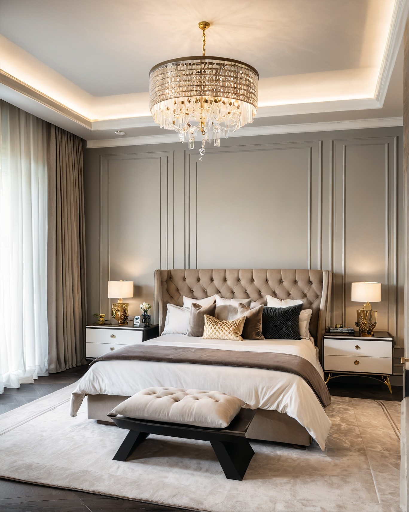 Open living-dining transition area with statement pendant light and textured walls.