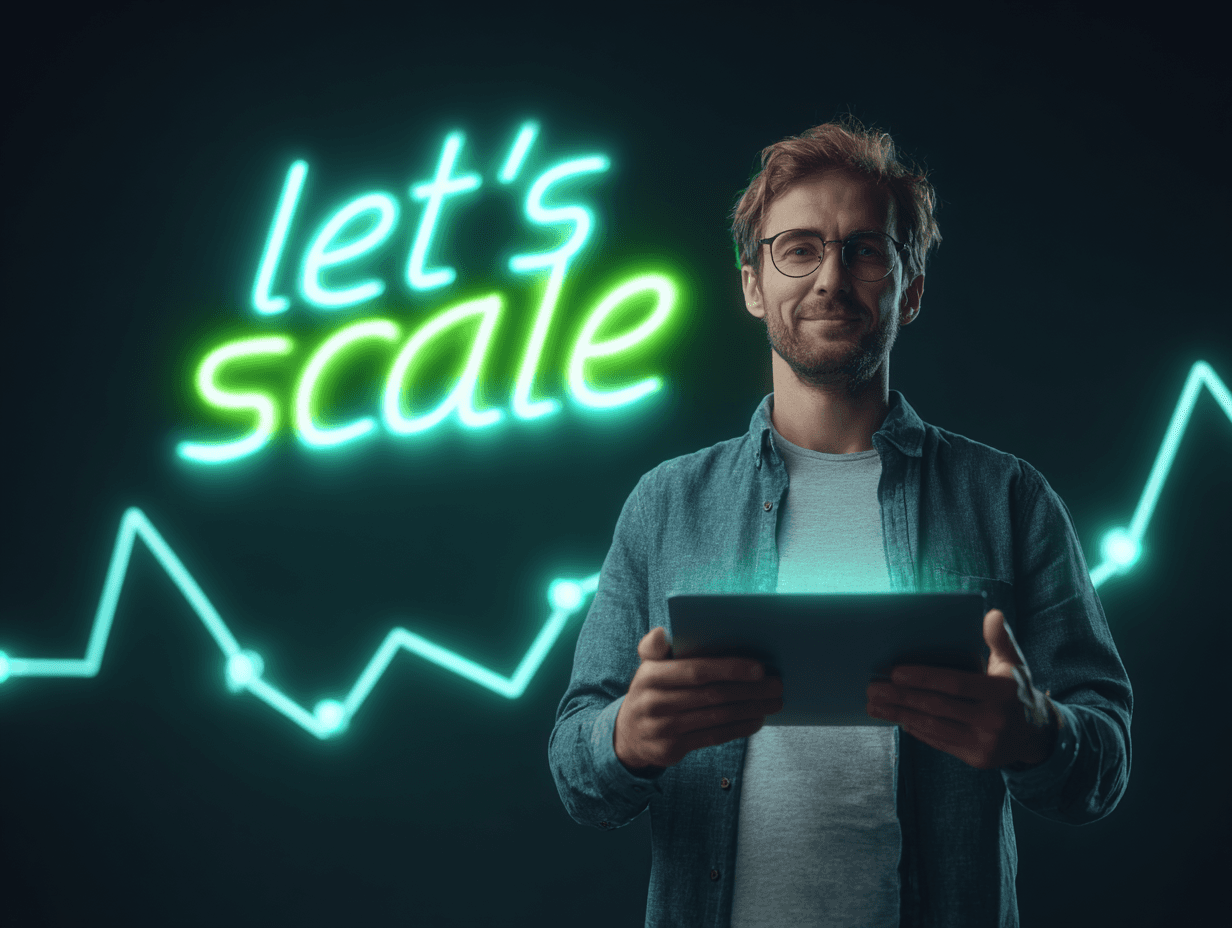 A man holding a tablet and background saying let's scale
