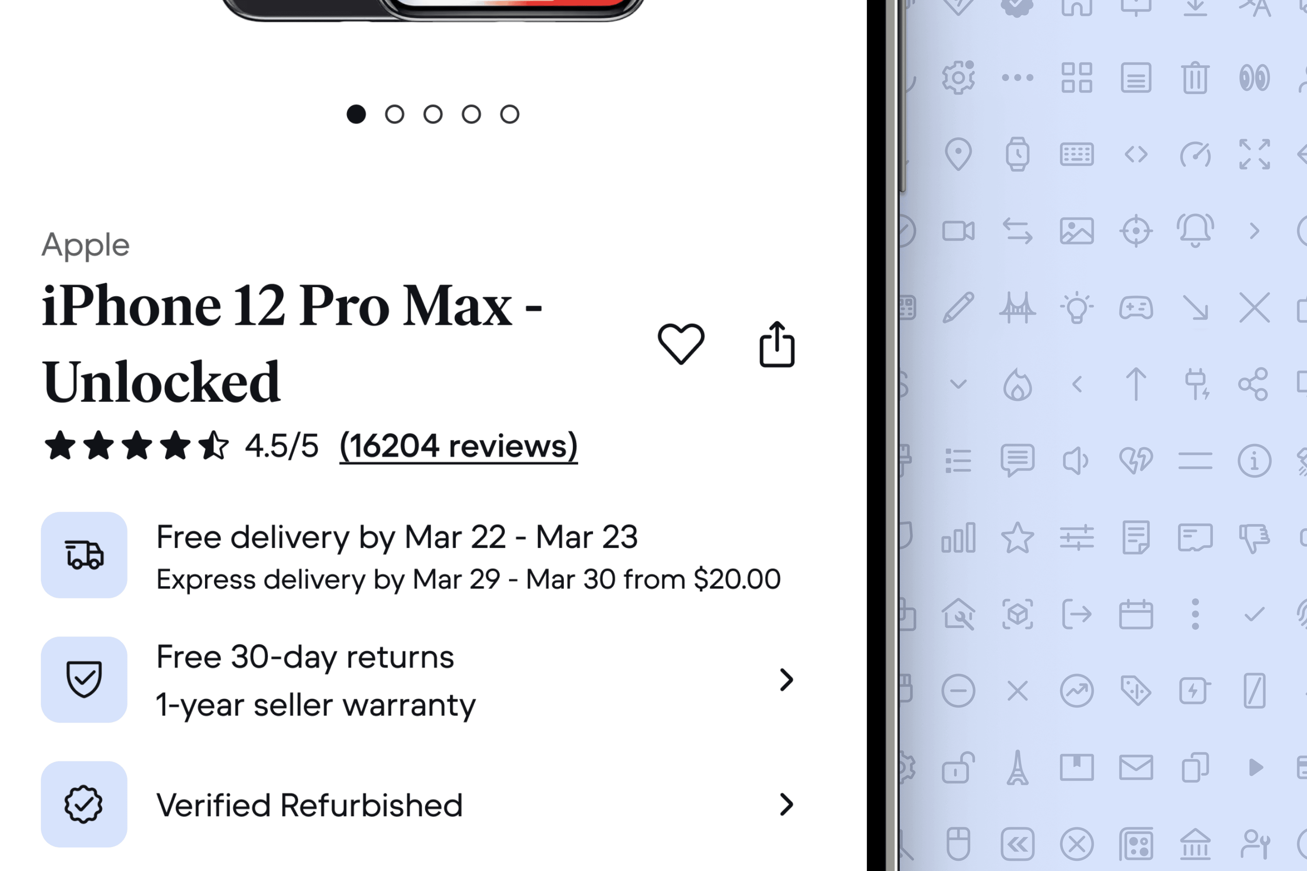 Back Market product page showing an iPhone 12 Pro Max with a 4.5/5 star rating and delivery options. The right side displays part of an icon library, showcasing the connection between product displays and design system elements.