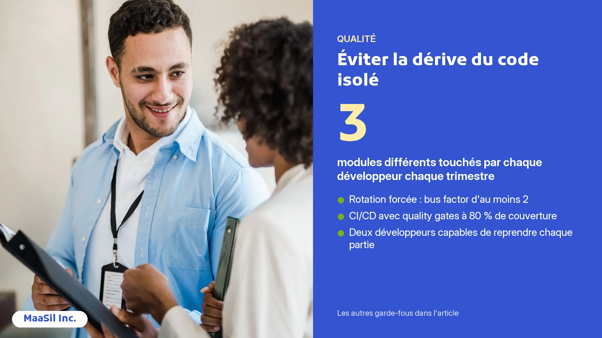 Infographie : chaque développeur en télétravail touche 3 modules par trimestre pour garantir un bus factor d'au moins 2