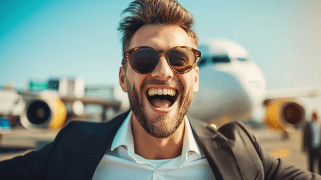 Joyful man in sunglasses smiling at an airport with a plane in the background, capturing a moment of excitement and travel.