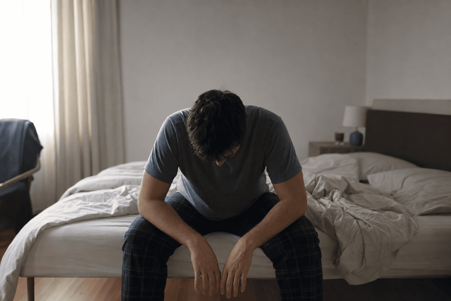 A person sitting on the edge of an unmade bed in soft morning light, head down, shoulders slumped, wearing casual clothes, showing physical exhaustion and heaviness in their posture. The room is simple and slightly dim, with muted colors suggesting low energy. Photorealistic, clinical but compassionate tone, no drama or exaggeration.