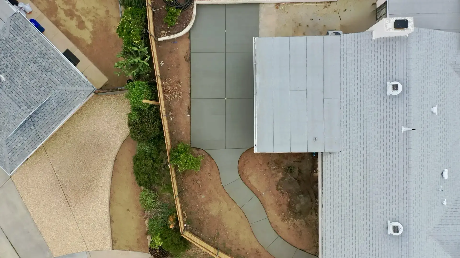 Aerial drone photo of the finished patio & sidewalk