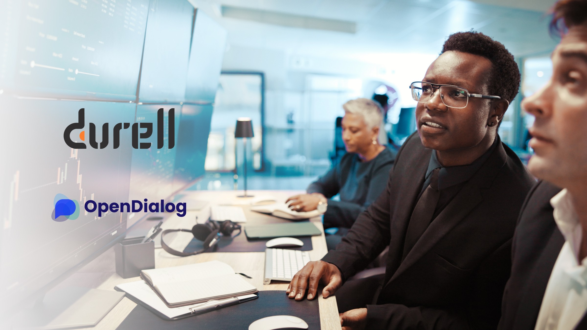 OpenDialog and Durell partnership logos against an image of two brokers using a computer