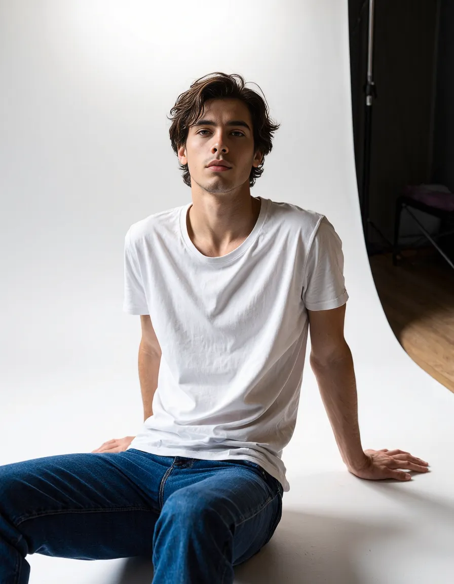 Studio portrait featuring classic white t-shirt and blue jeans against a minimalist white background with soft, natural lighting