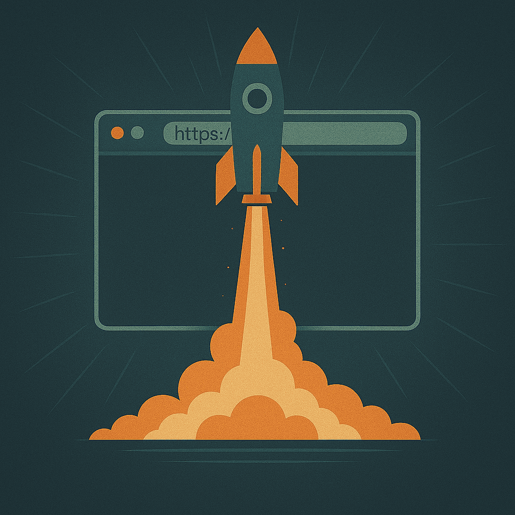 AI generated image of a rocket starting, and a browser tab in the middle.