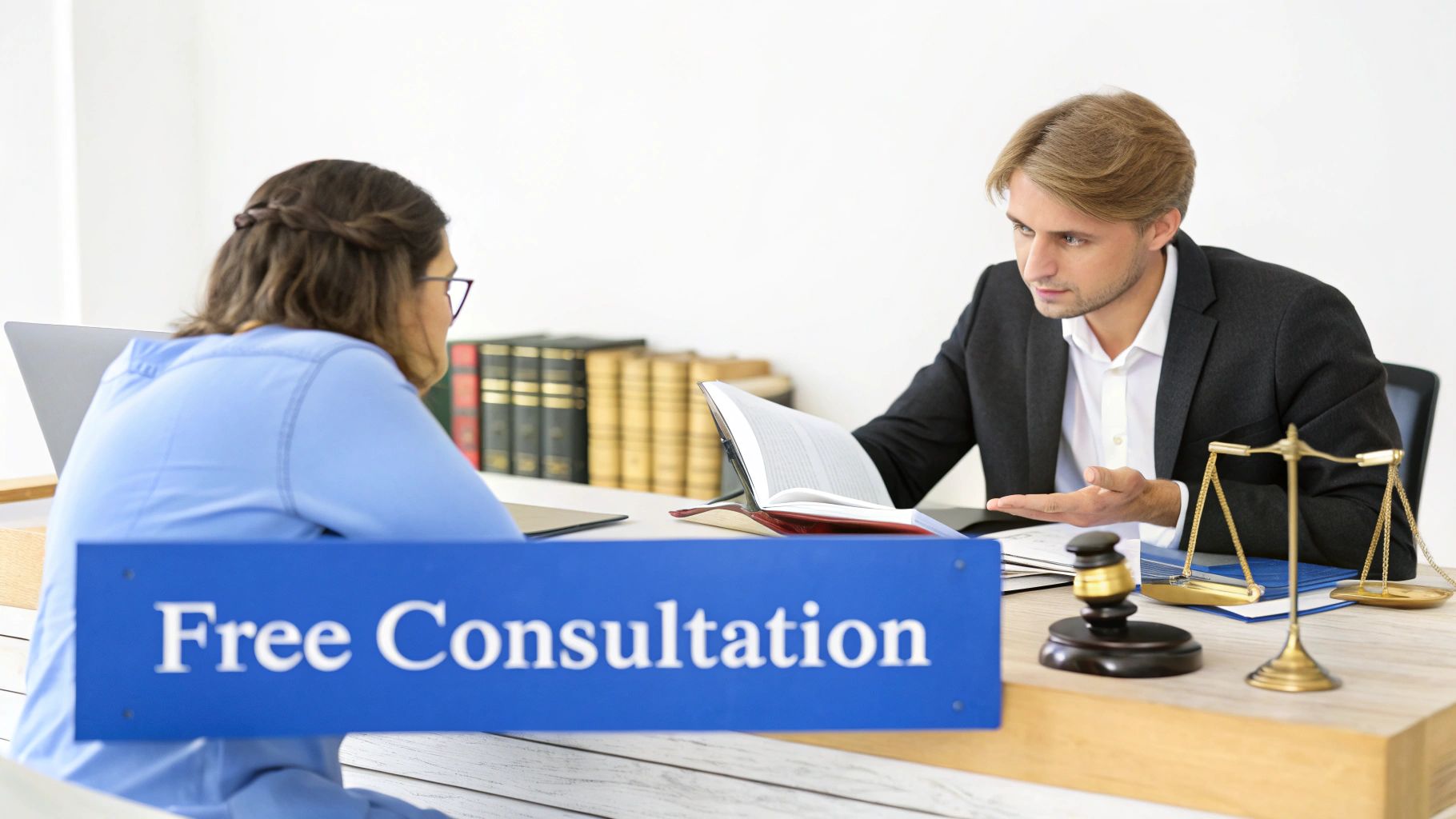 A lawyer and client at a desk with 'Free Consultation' sign, books, and scales of justice.