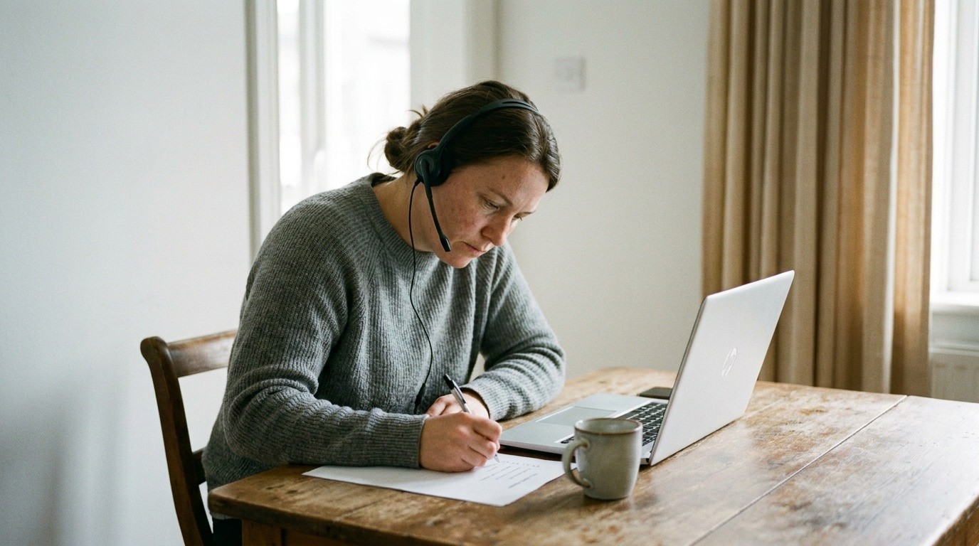 A QA engineer running scripted test calls on a headset before a voice agent goes live