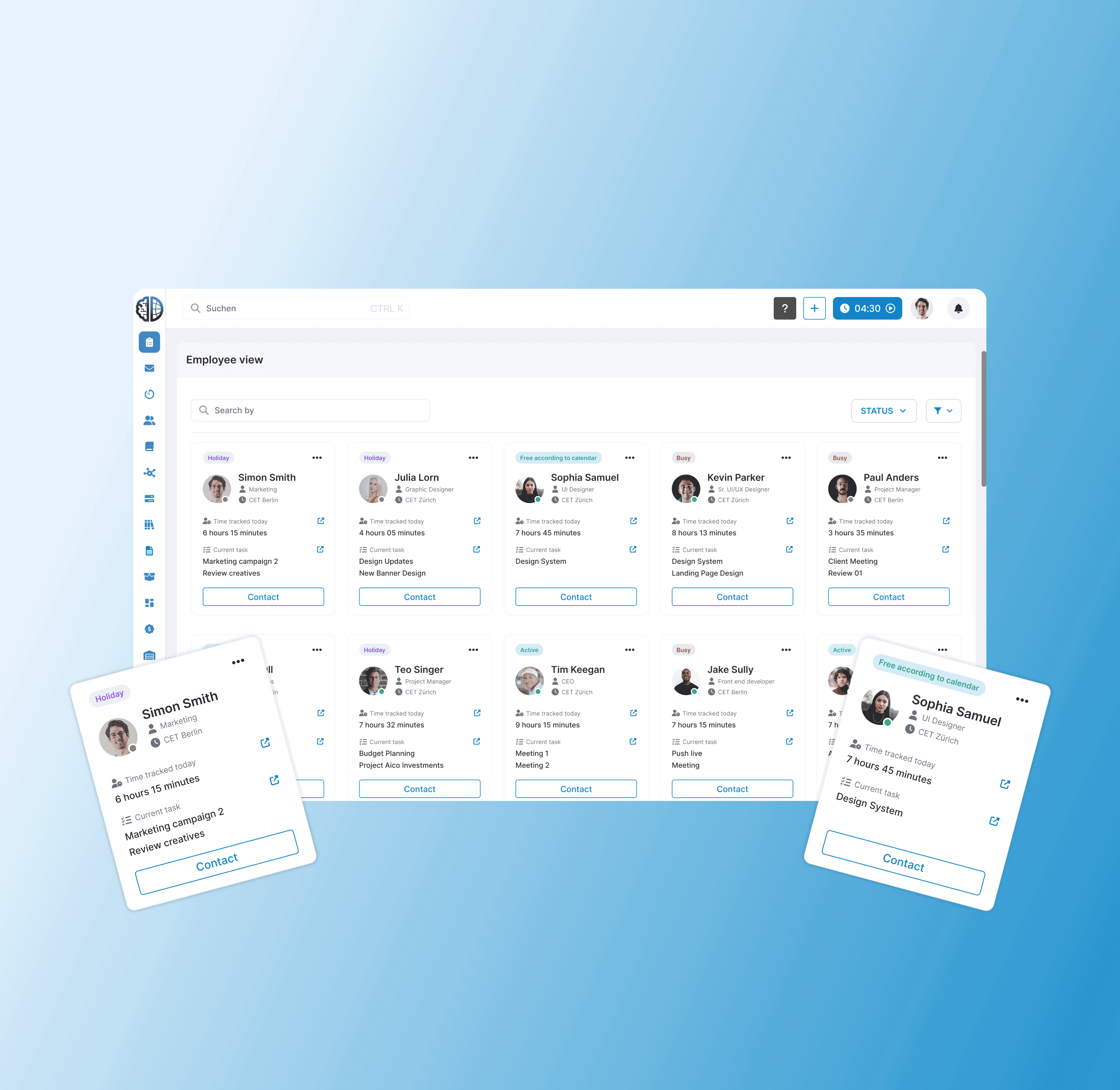 Internal dashboard UI showing employee profile cards, a calendar view, and task panels arranged across a blue background