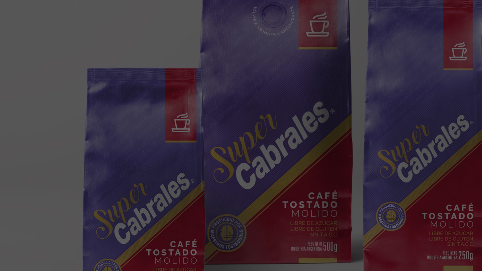 Three packages of Super Cabrales ground coffee, featuring a purple and red design with white text. The mood is vibrant and inviting.