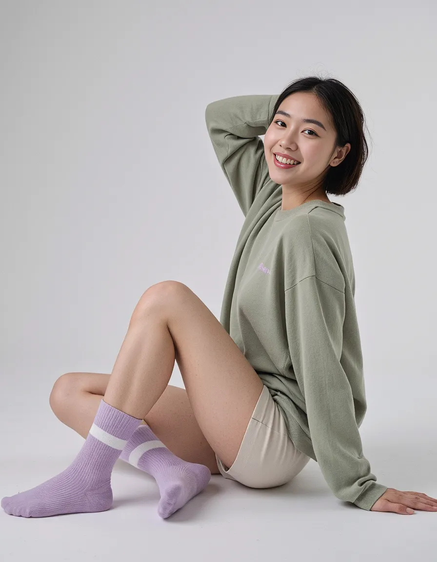 Minimalist fashion photography featuring sage green loungewear paired with purple socks against a clean white backdrop in a casual pose