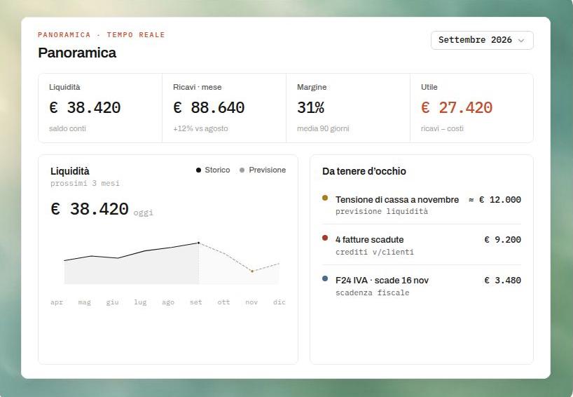 Schermata Computis: panoramica in tempo reale di liquidità, ricavi e margine