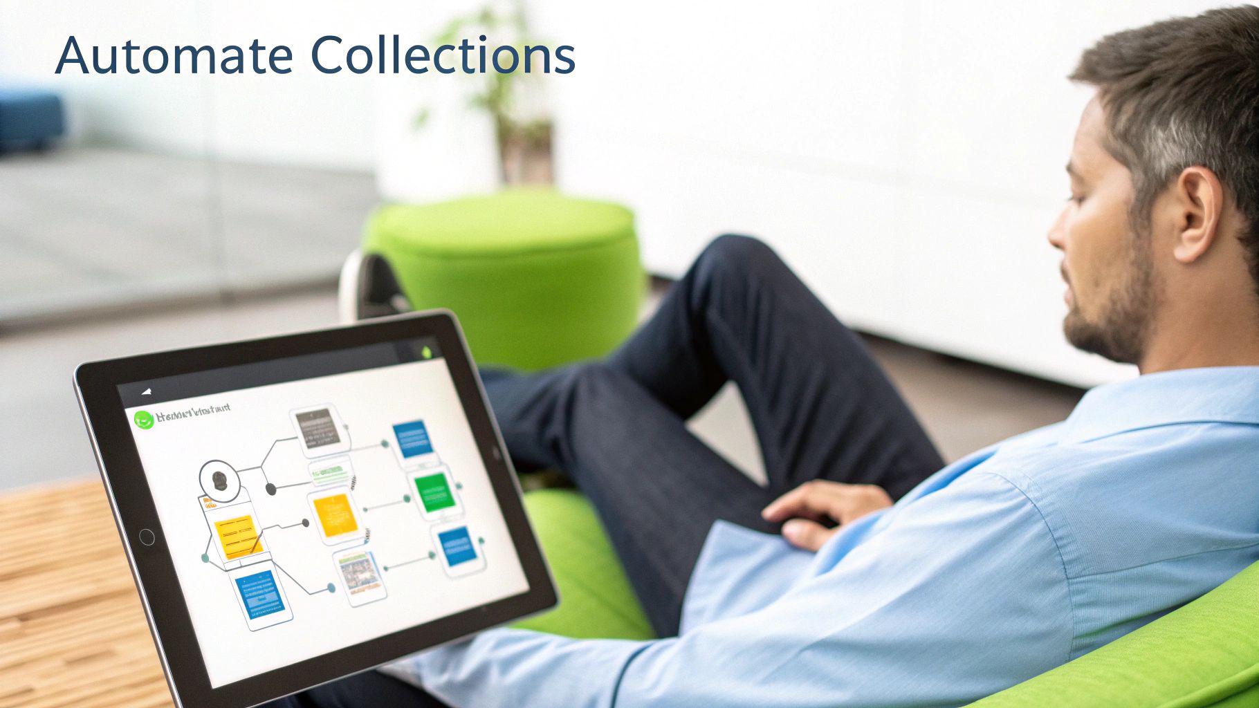 A man relaxes while reviewing an automated collections process flowchart on a digital tablet.