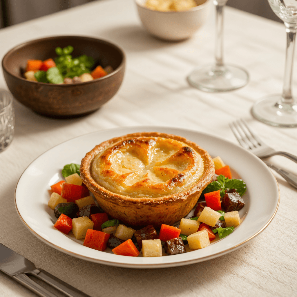 product photography of plate of savory pie with mashed potatoes and vegetables