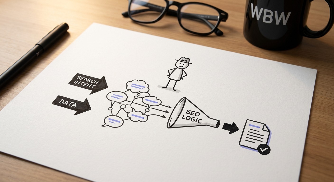 A hand-drawn diagram showing a stick-figure agent named Sen processing SEO inputs through a logical funnel to create optimized content.