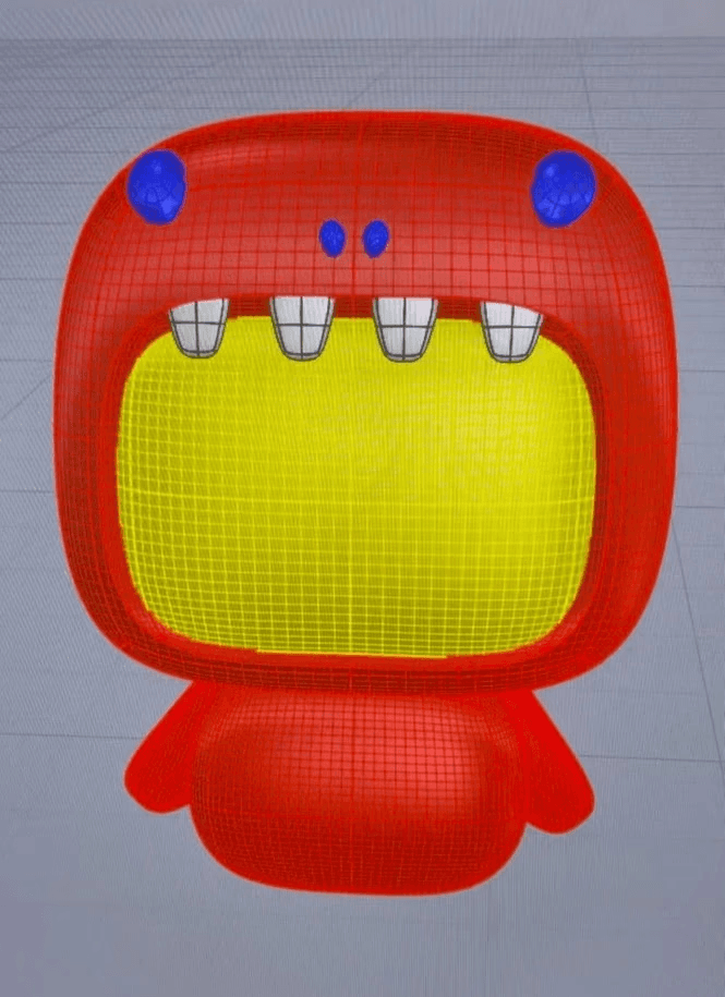 Finalized Rhino 3D model of the main oscar character, shown in wireframe with the eyes, teeth, and mouth opening mapped out