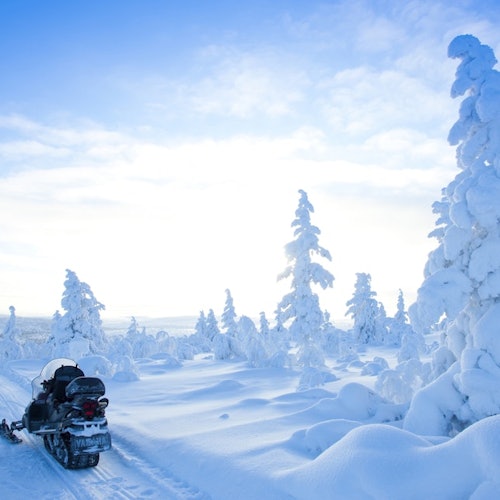 A snowmobile sits on a snow-covered path, surrounded by snow-laden trees under a bright, clear sky.