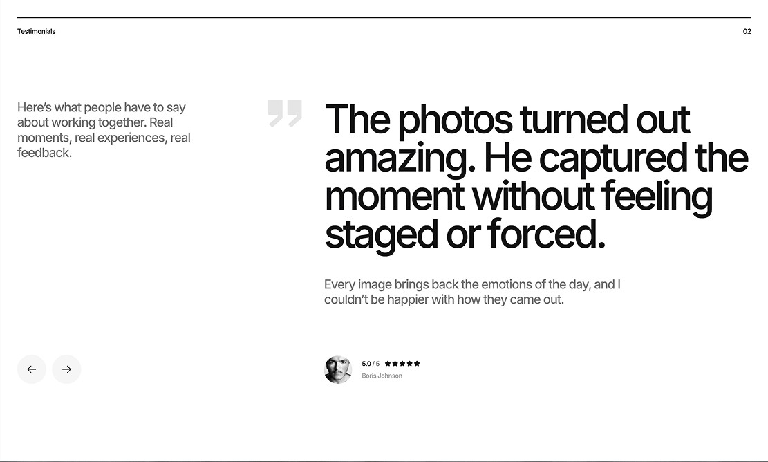 A social proof section with a large client testimonial quote, a five star rating, and the reviewer's name and photo.
