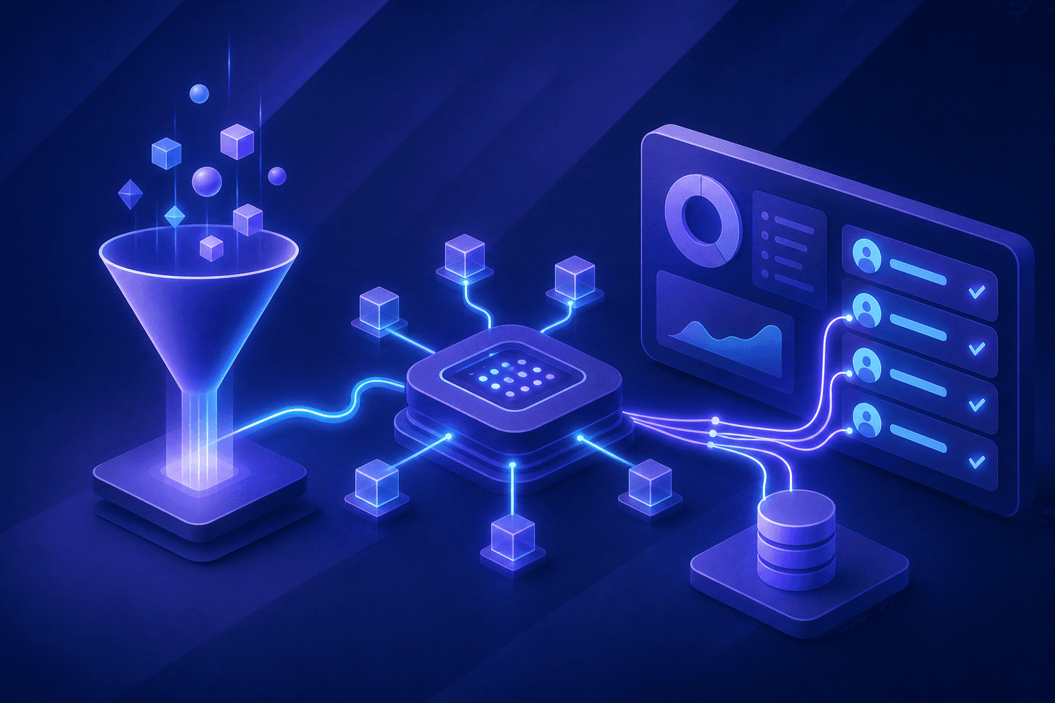 A sleek, modern illustration showing an automated B2B sales pipeline workflow. A glowing digital funnel on the left receives incoming signals represented as abstract geometric shapes. In the center, a sophisticated AI processing hub with interconnected nodes analyzes and scores the signals. On the right, a clean dashboard interface shows qualified leads being routed to a CRM system. The color palette is deep navy blue and electric blue with bright cyan accents, corporate and professional aesthetic, flat design with subtle 3D depth, no text or labels anywhere in the image.