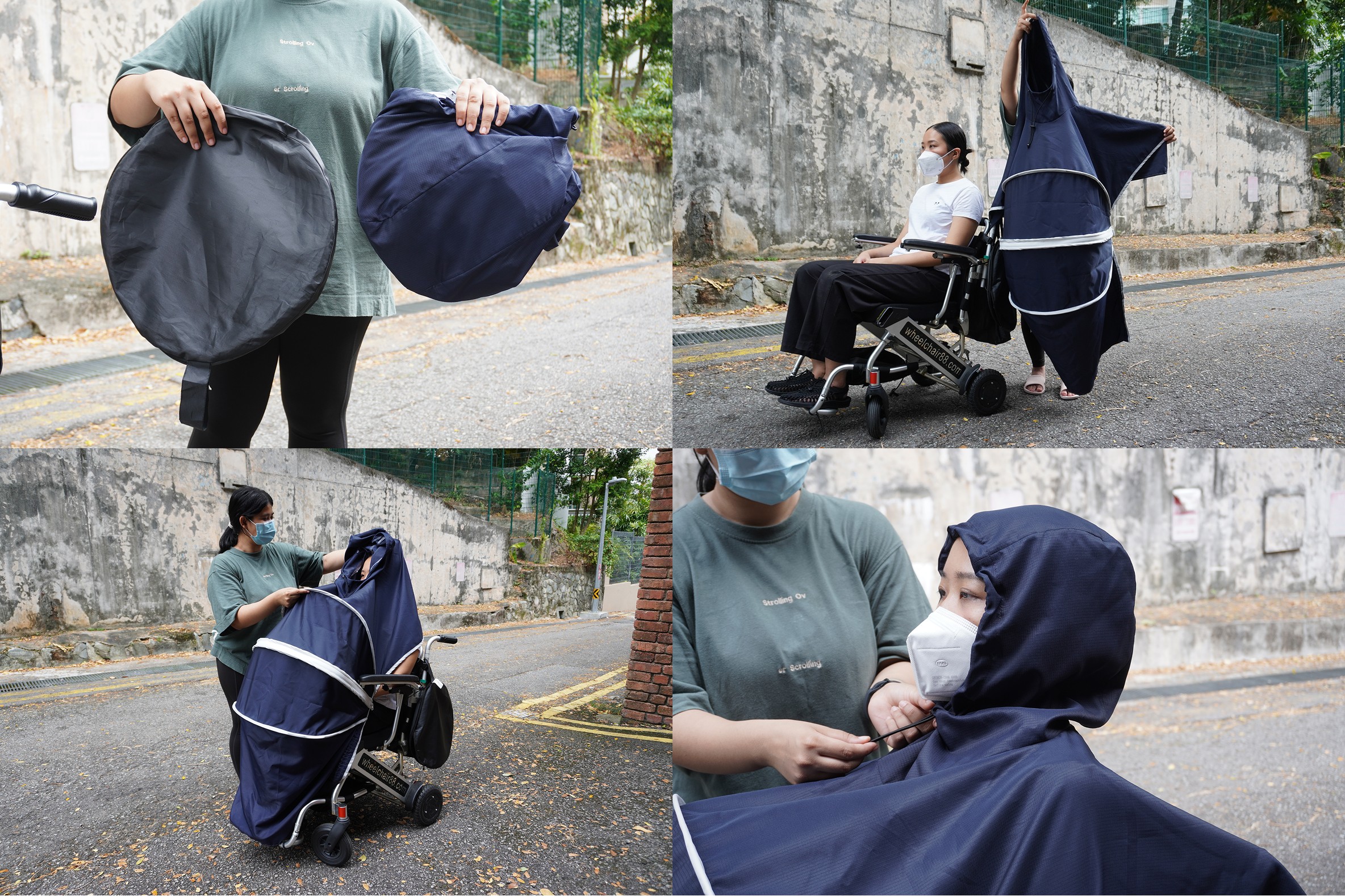 Sequence showing a caregiver using the wheelchair poncho: removing the collapsible poncho, expanding it, placing it on a wheelchair user, and adjusting the neckline