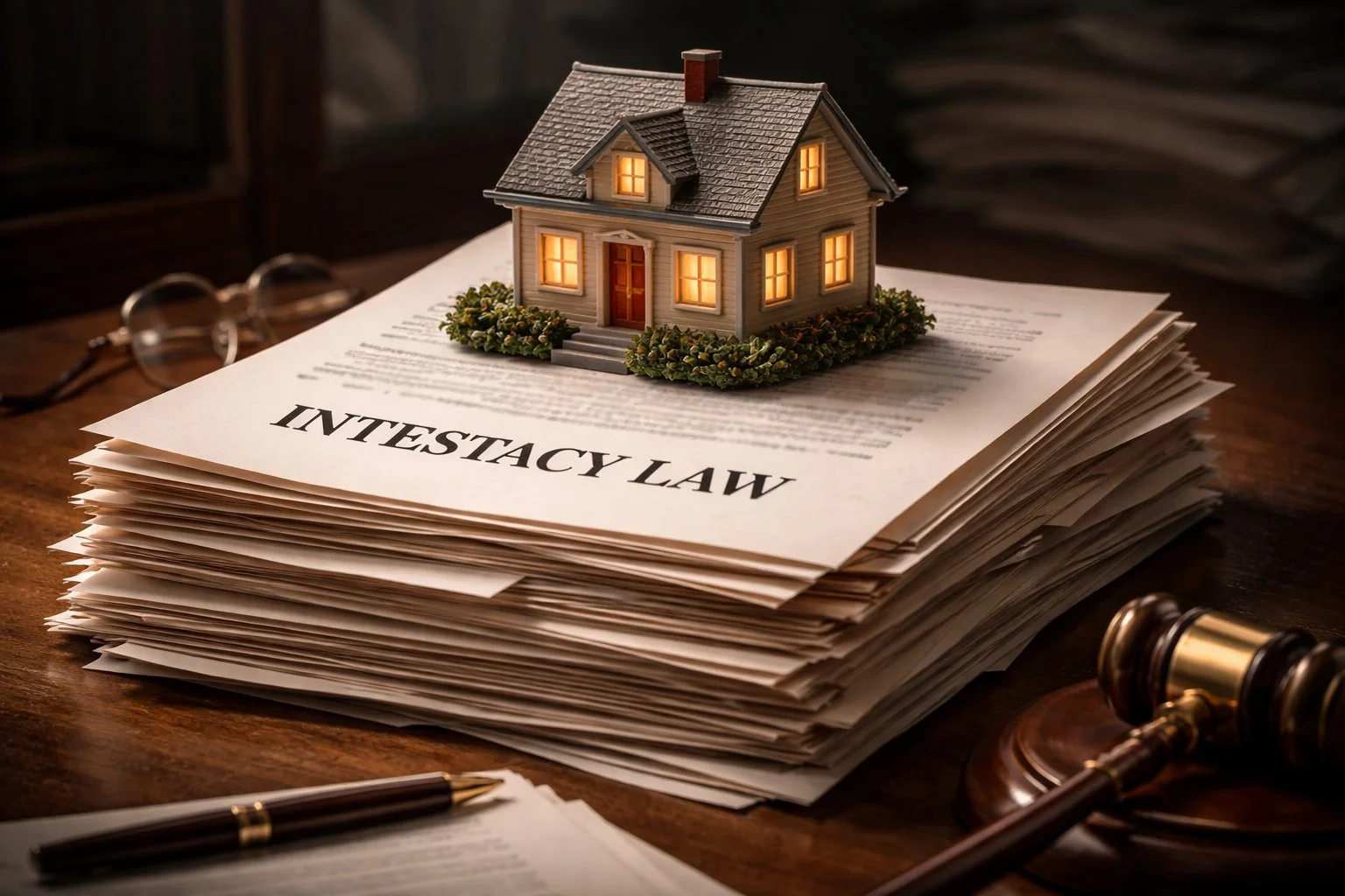 Stack of legal papers labeled “Intestacy Law” with a small house placed on top, symbolizing inheritance or property matters.