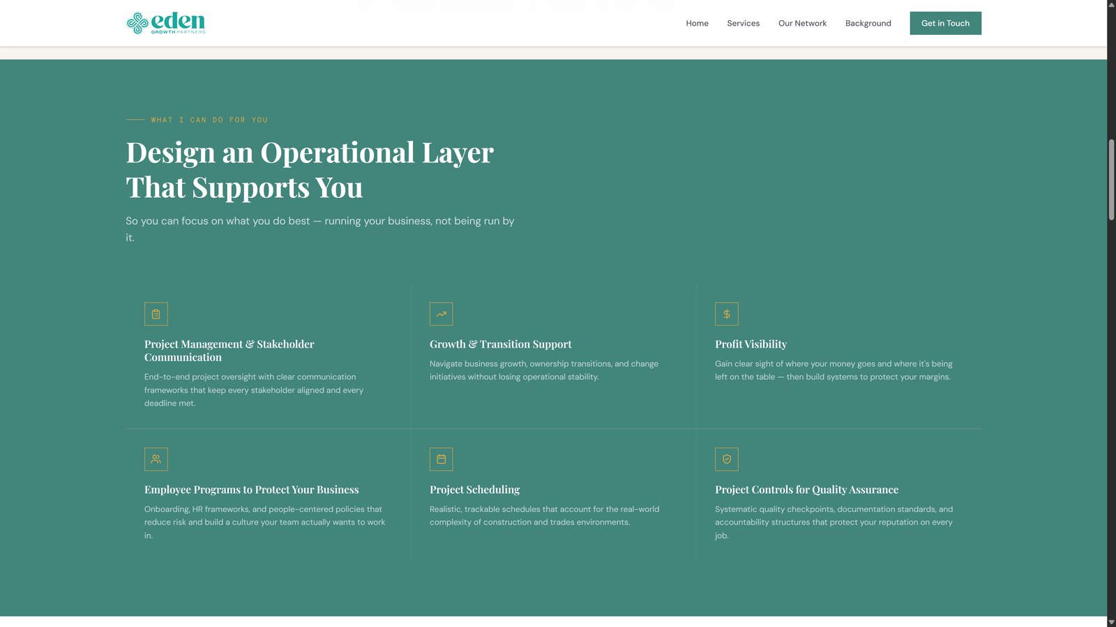 Before: the old Eden Growth Partners services section, a teal block headed Design an Operational Layer That Supports You with six service cards