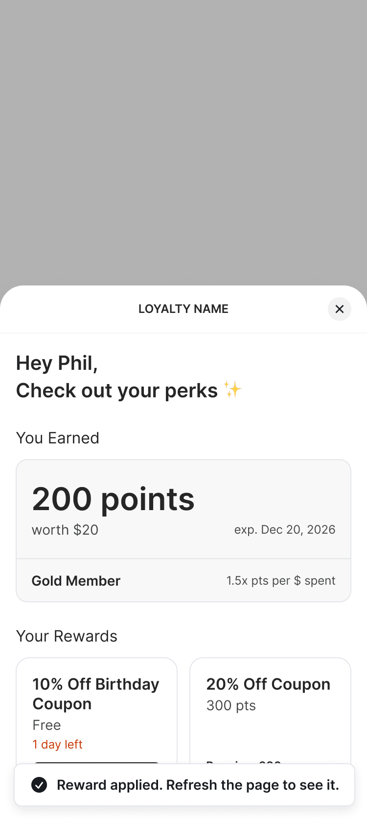 mobile UI showing the loyalty widget state when a cumon is being applied