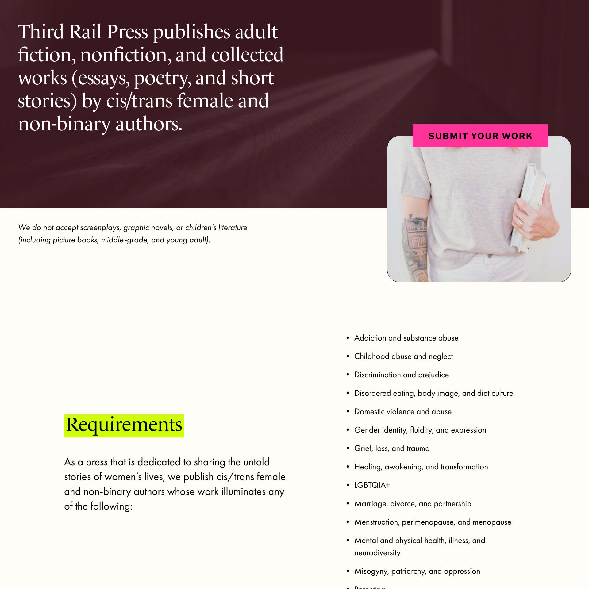 A section of a website page calling for submissions for an independent book publishing company