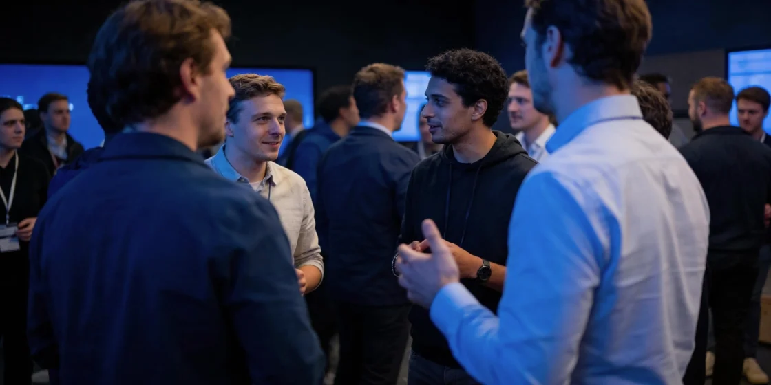 Scenes from an AI conference showing a speaker presentation and networking among product, technology, and artificial intelligence professionals.