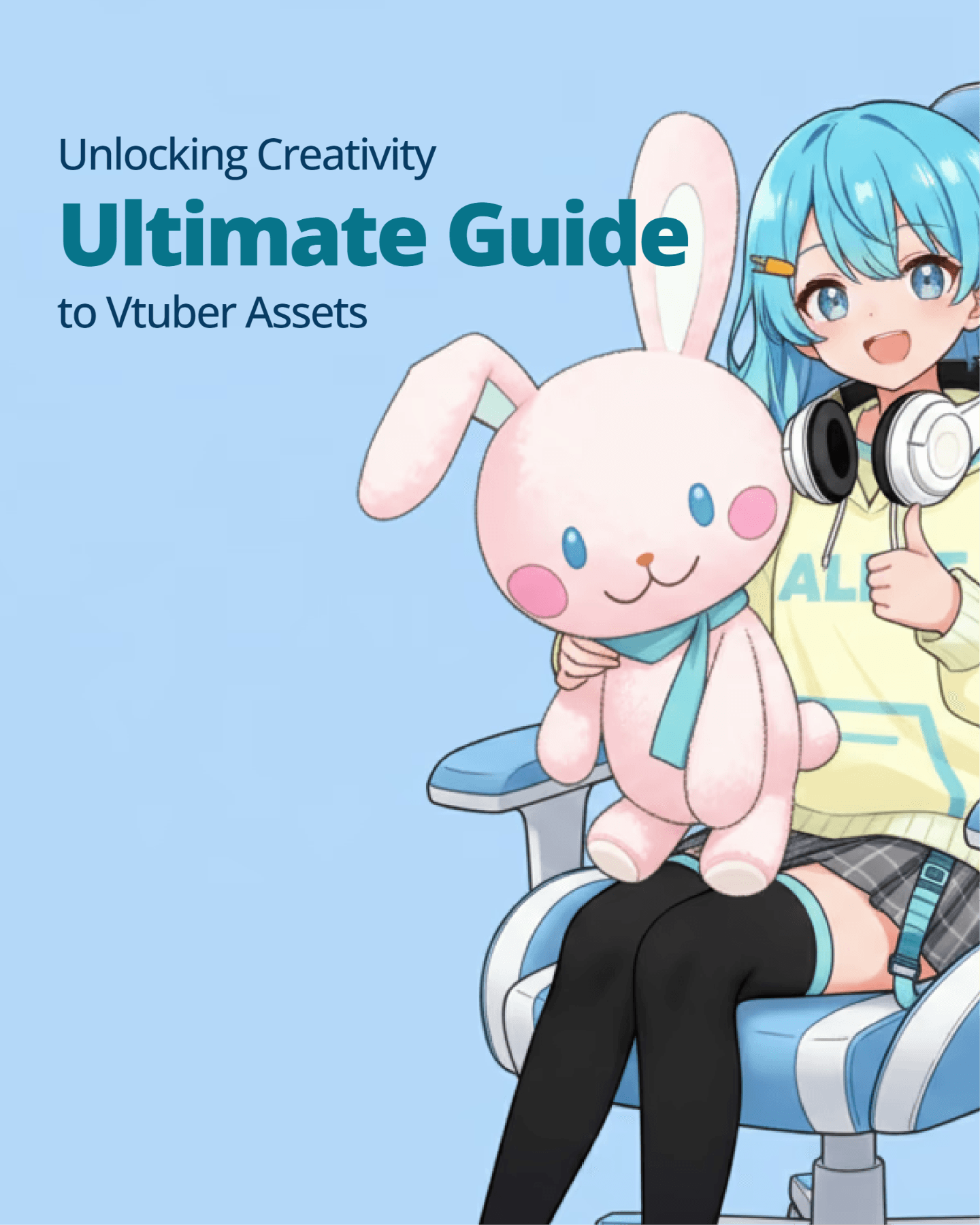 blue girl sitting in gaming chair, with her bunny doll in hand