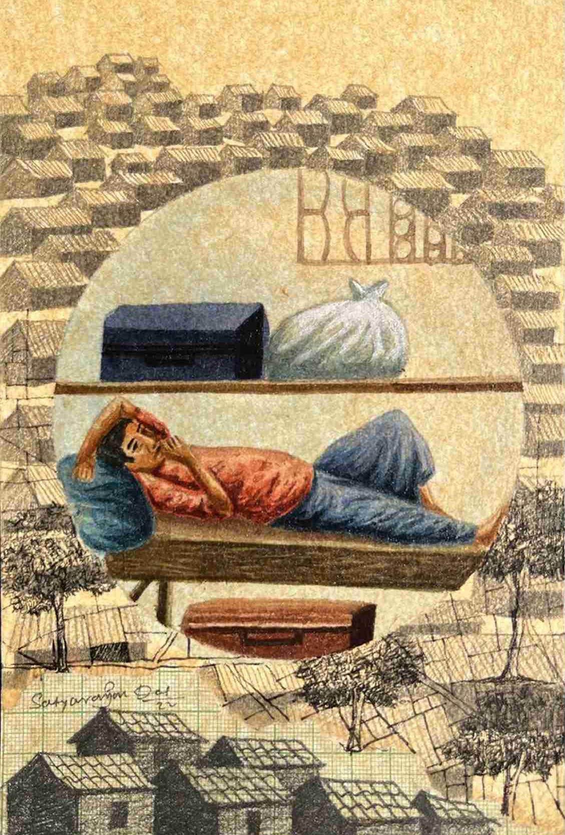 herd of sheep on road painting