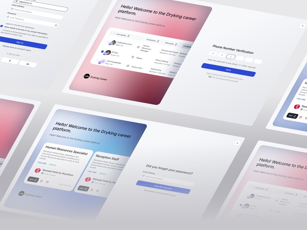 User onboarding and verification flow for DryKing platform with smooth gradient backgrounds and accessible forms