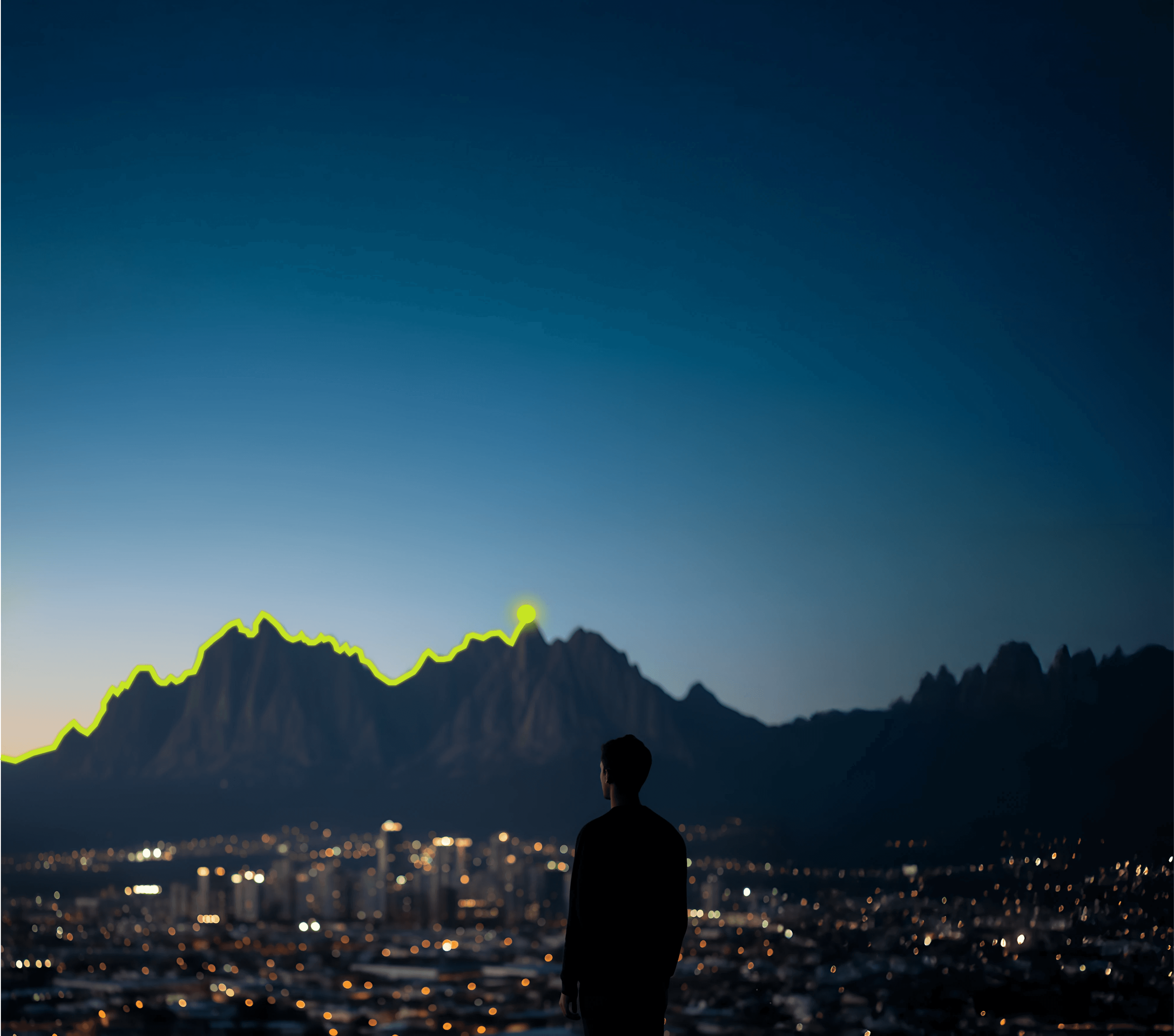 A trader looking over a cityscape at night, with a trading chart outline superimposed on the mountain range.