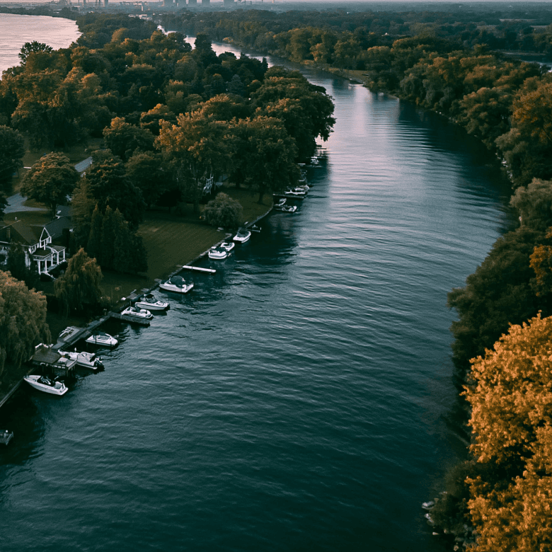 Aerial view of Grosse Ile at the mouth of the Detroit River
