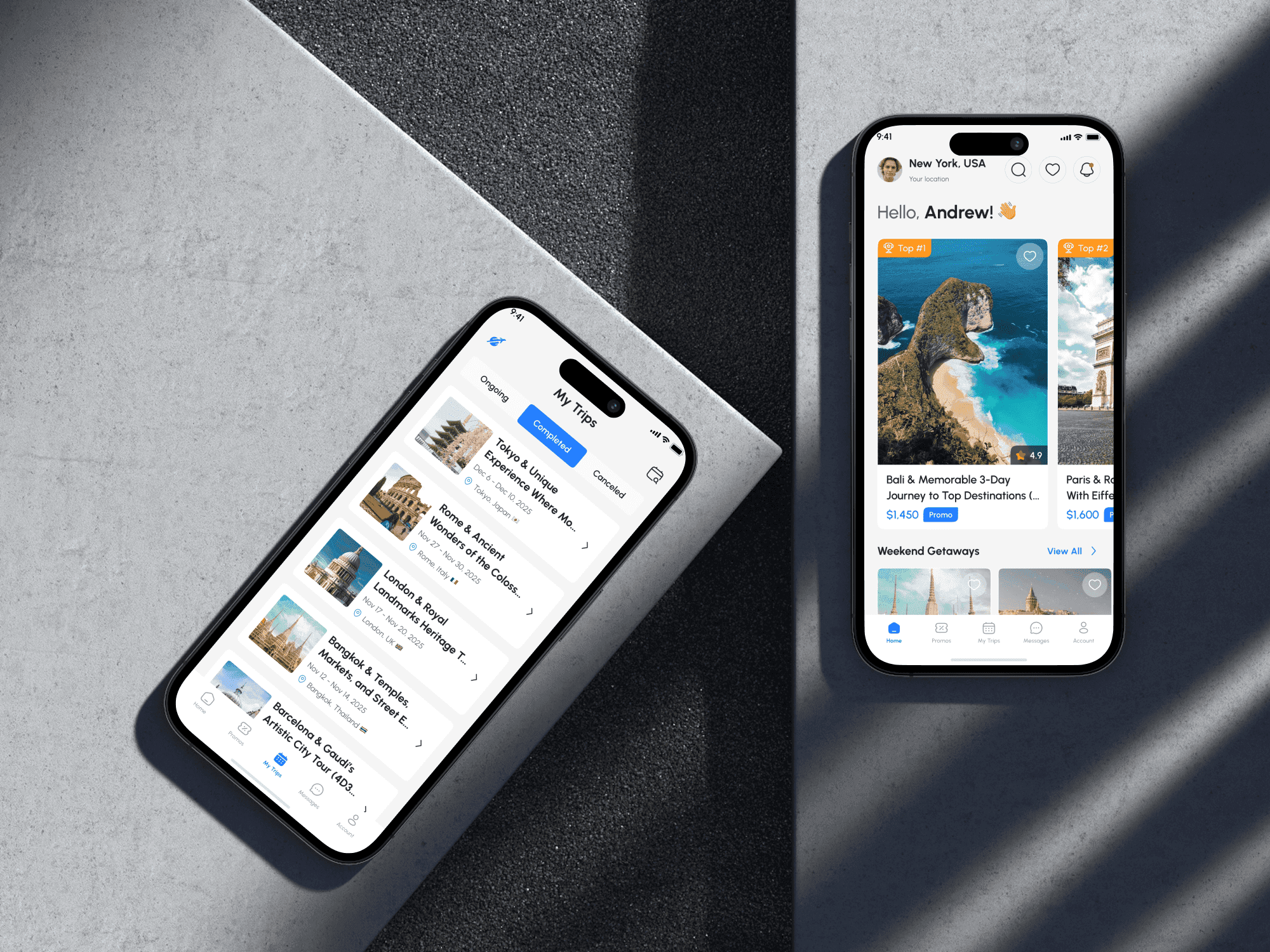 Two smartphones display a travel app mockup, one showing a list of planned trips and the other showing the home screen