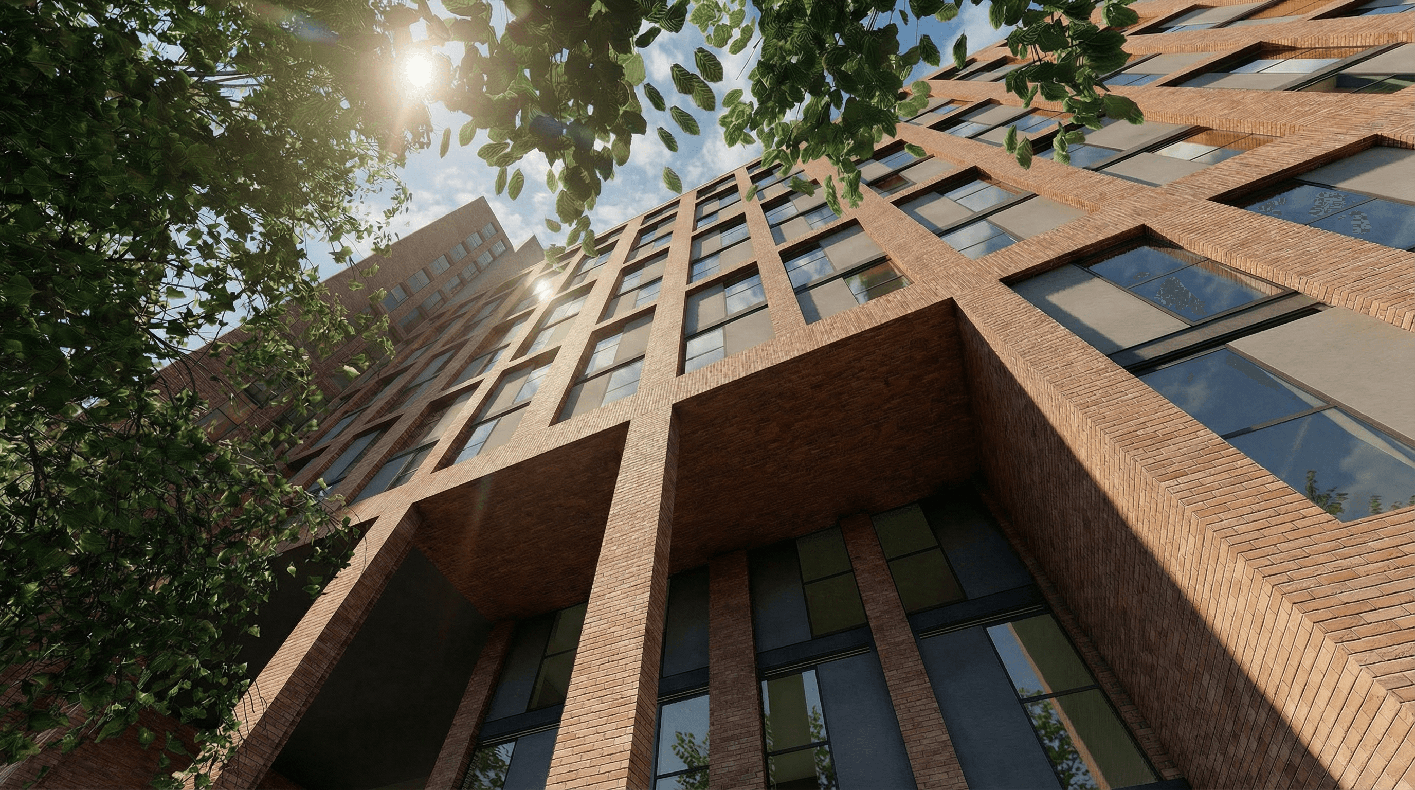 a photo of a PBSA building from street level looking up