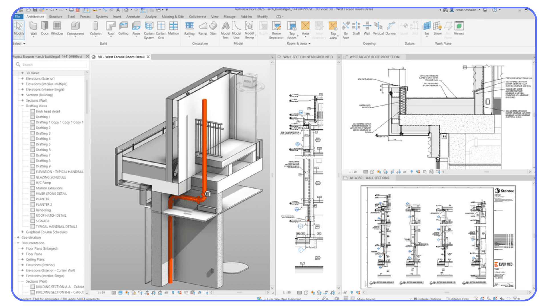A Revit workspace showing a 3D wall section detail alongside multiple technical drawings and construction annotations.