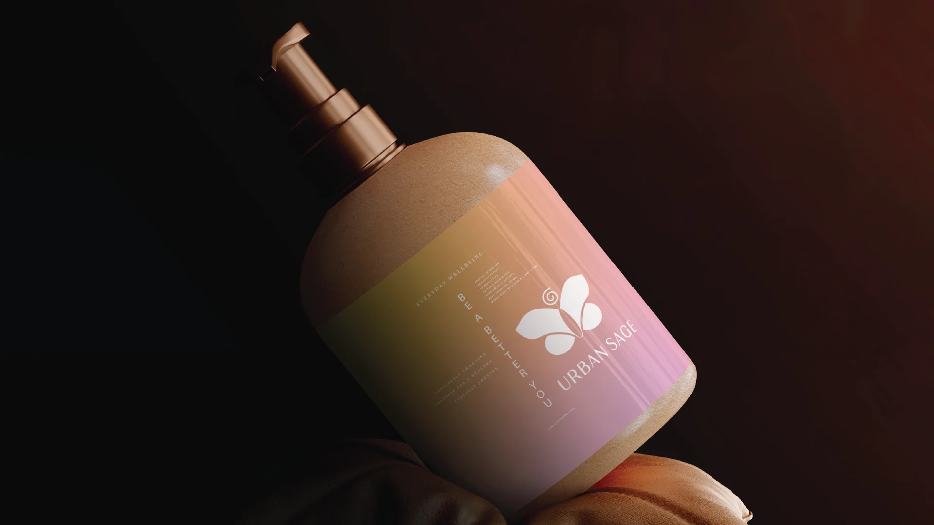A elegantly designed pump-top bottle labeled "Urban Skin" glows softly against a dark background, showcasing a minimalist logo and text with a gradient of warm, earthy colors.