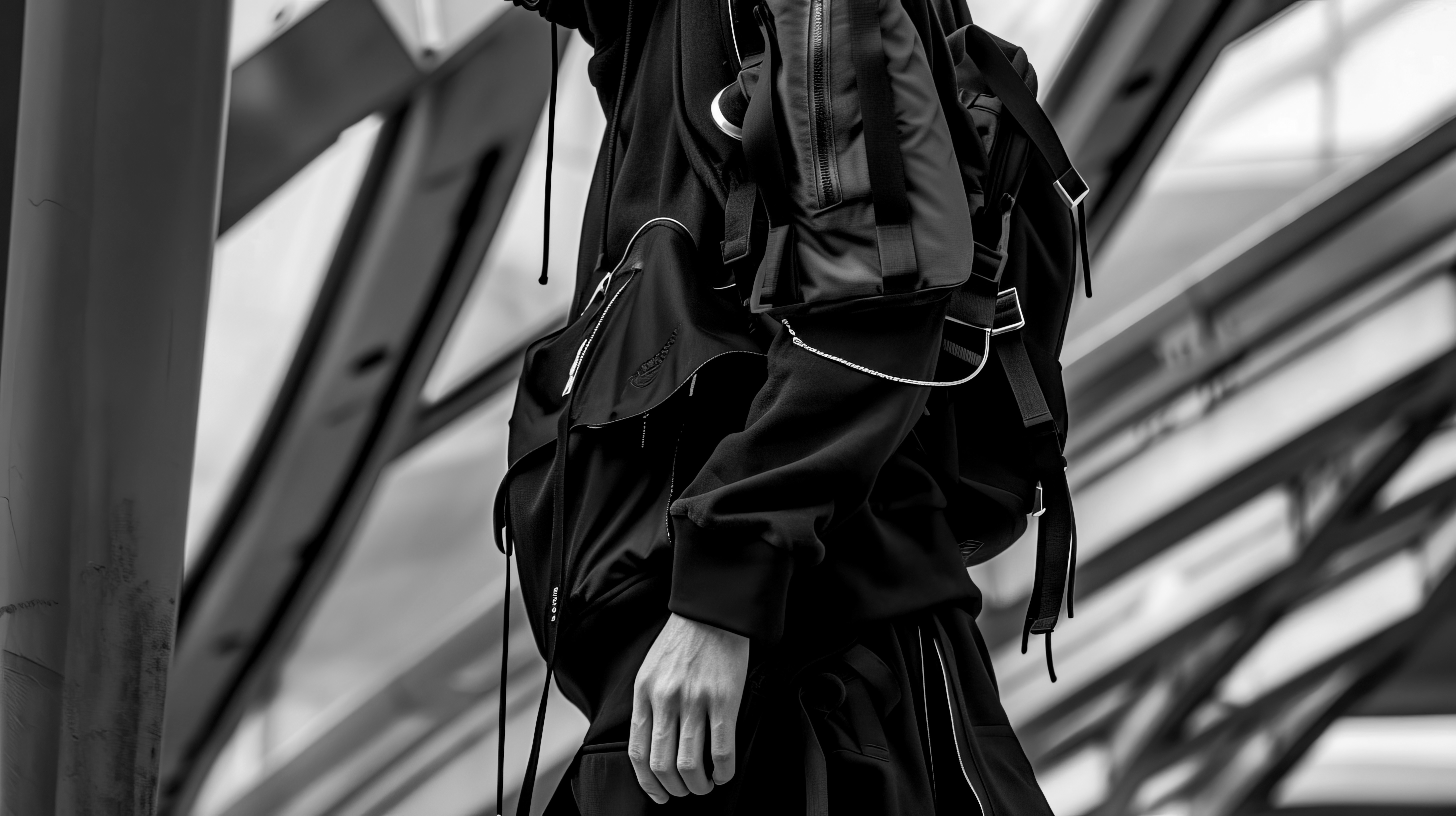 Urban style young man in techwear fashion in city setting.