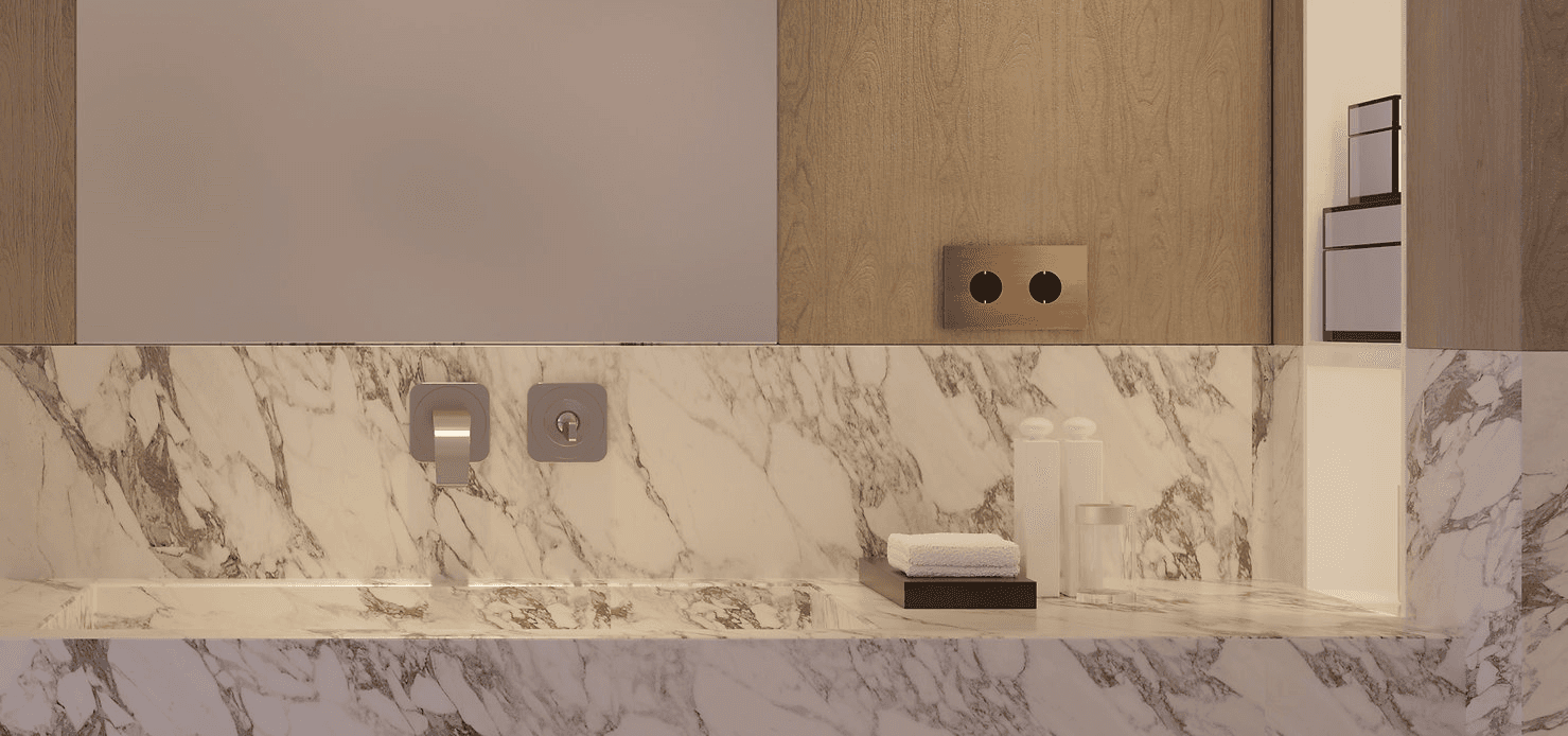 Modern marble bathroom vanity with chrome fixtures.