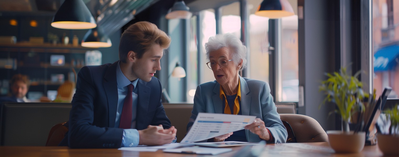 A young man and an elderly woman discuss GenAI in financial services over a document with charts in a modern cafe, engaged in a professional talk.
