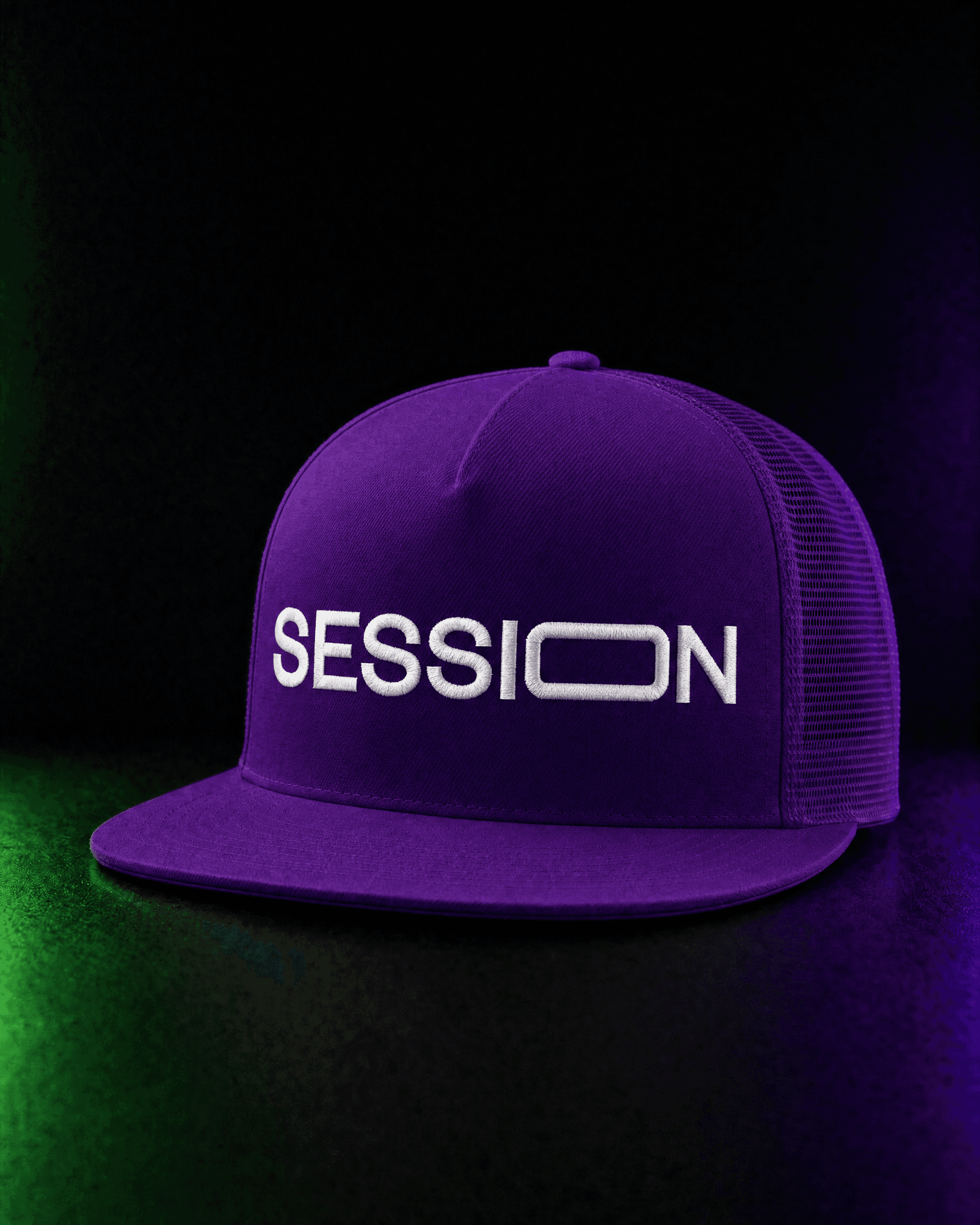 Front of a purple Session Zone flat-bill snapback hat with white SESSION lettering.